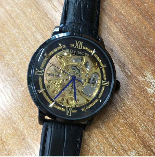Men's Gold Waterproof Hollow Automatic Leather Watch