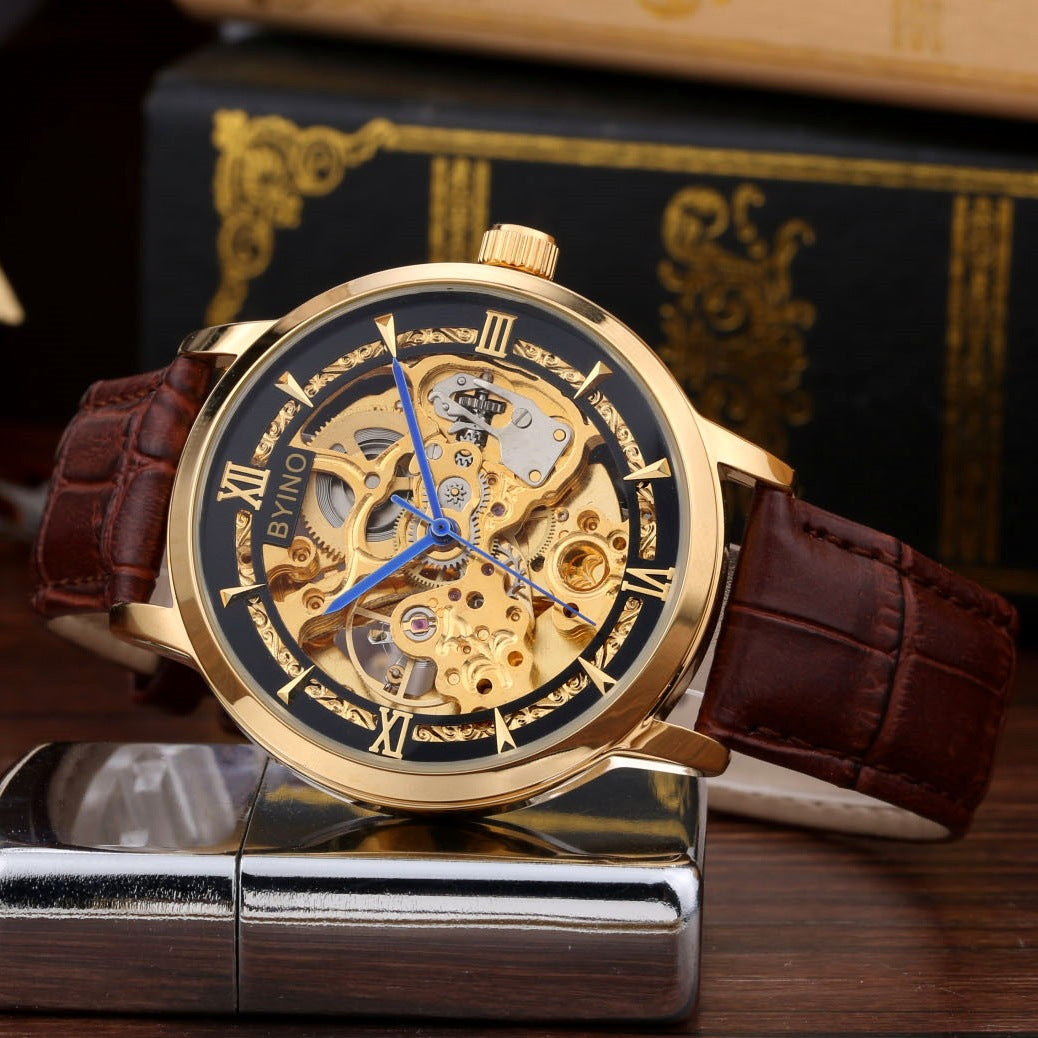 Men's Gold Waterproof Hollow Automatic Leather Watch