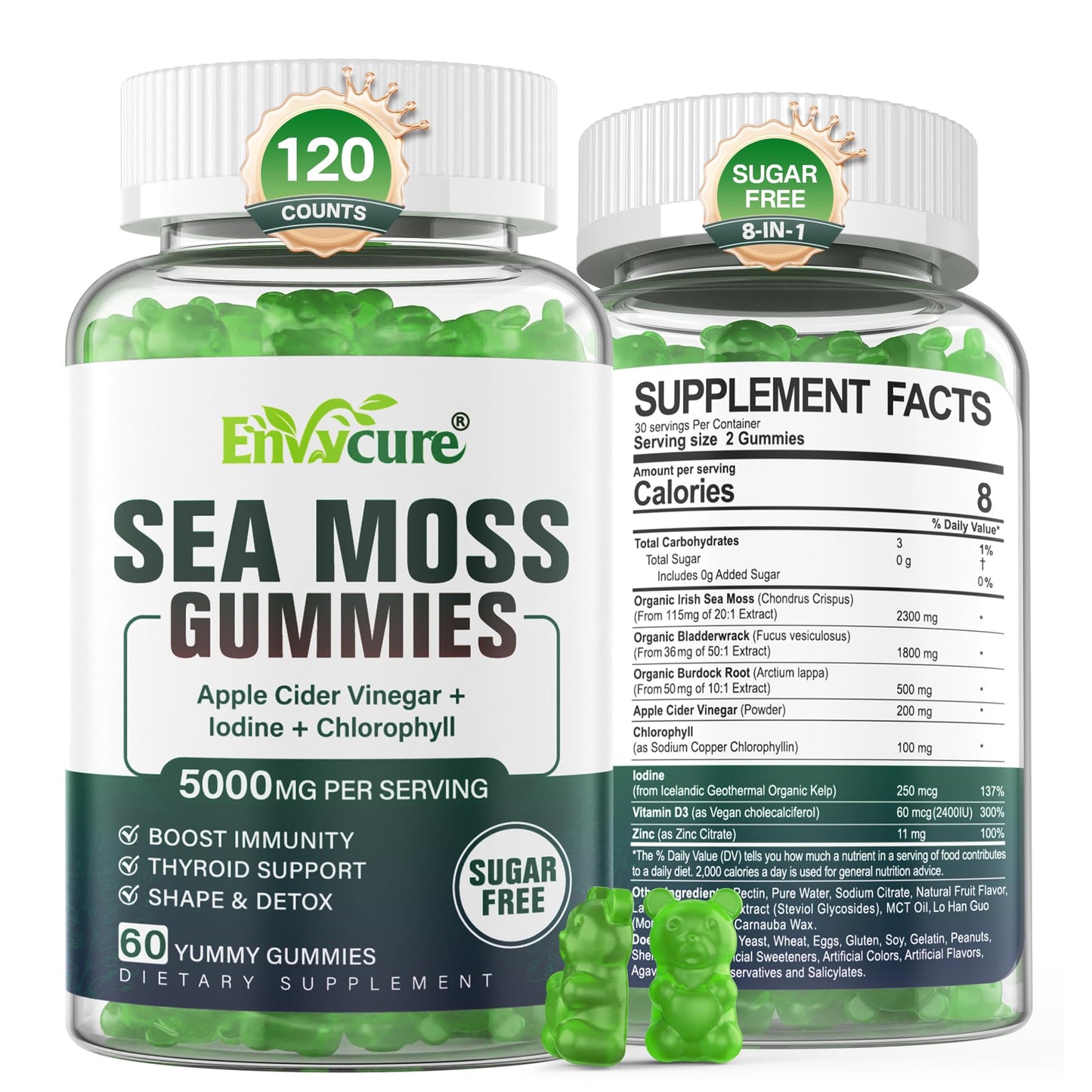 Sugar-Free Sea Moss Gummies 5000mg Extra Strength Irish Moss Gel Supplement with Iodine Chlorophyll Unfiltered ACV D3 Burdock Root Bladderwrack for Immune Digestive Joint SkinVegan 120 Chews