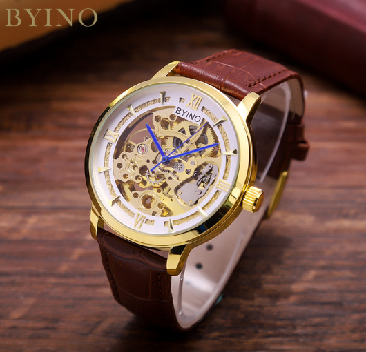 Men's Gold Waterproof Hollow Automatic Leather Watch