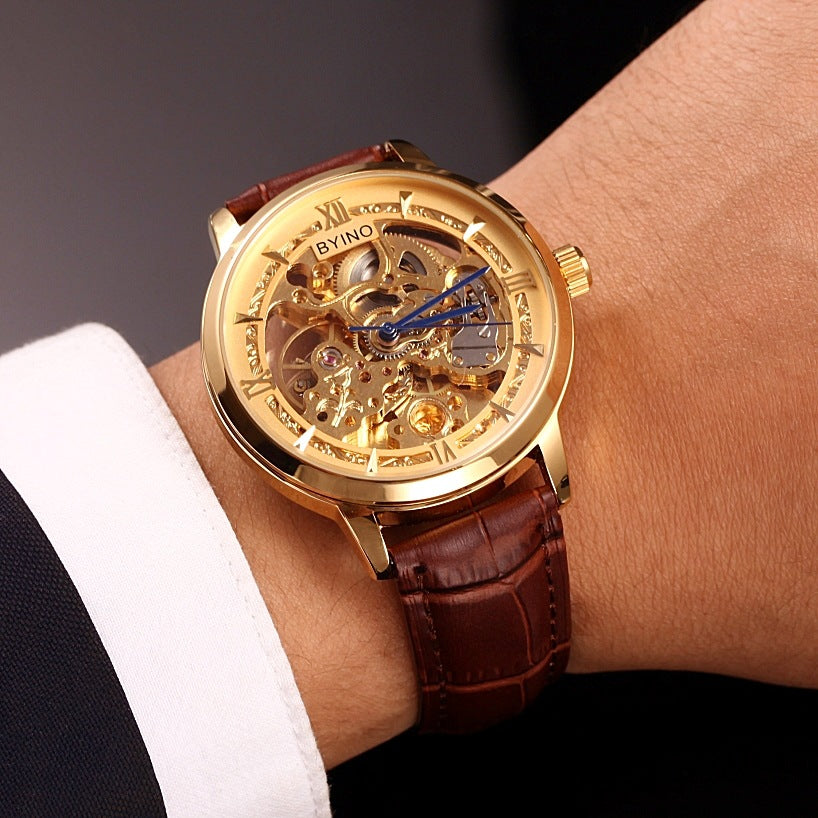 Men's Gold Waterproof Hollow Automatic Leather Watch