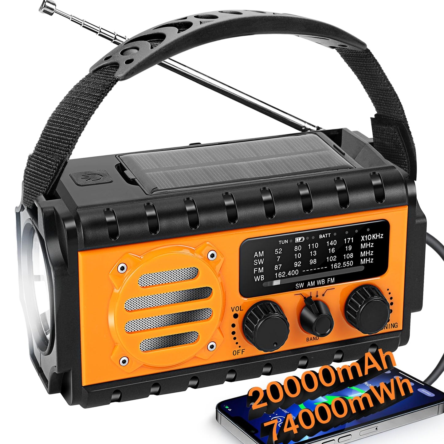 QAUYYW 74000mWh Emergency Radio with NOAA Weather Alert Portable Hand Crank SW/AM/FM Survival Radio with Fast Charge Rechargeable Solar Battery Flashlight Reading LampSOS Sirenor Home Outdoor