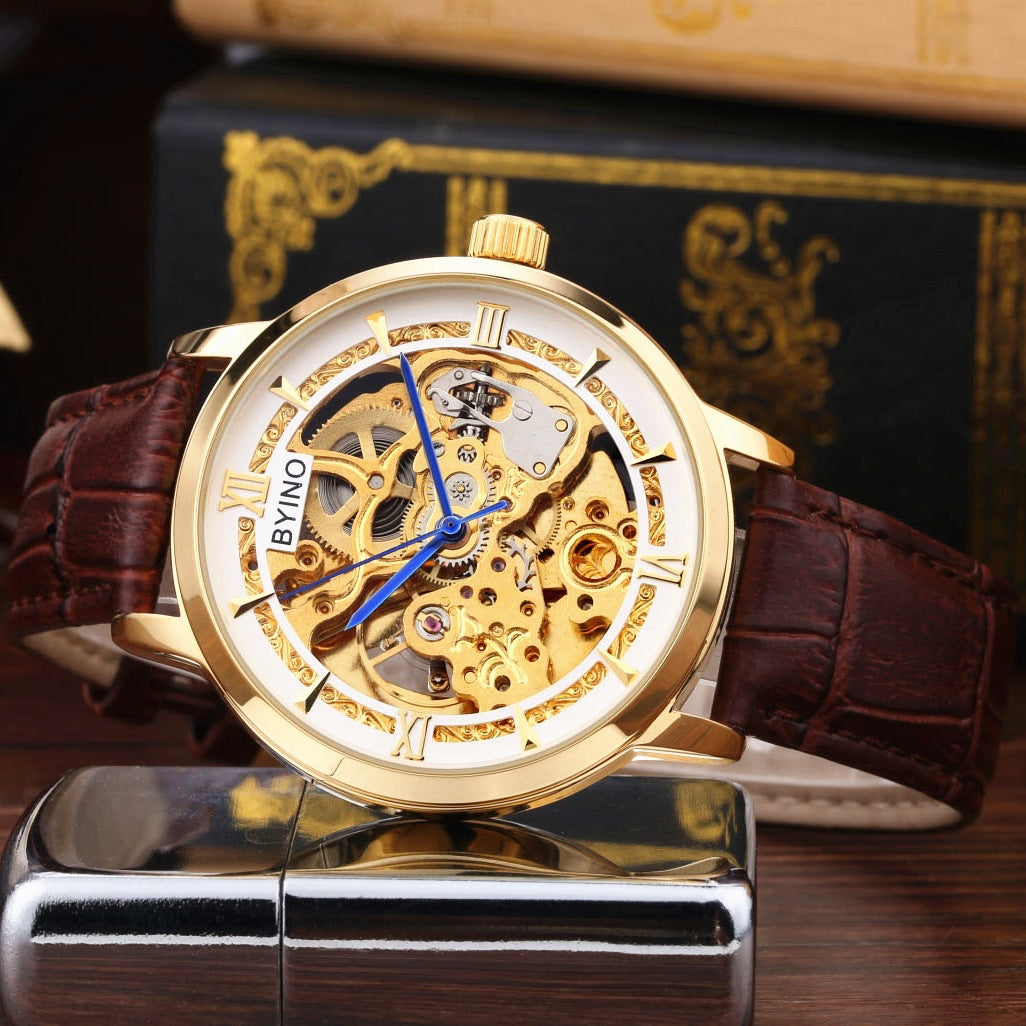 Men's Gold Waterproof Hollow Automatic Leather Watch