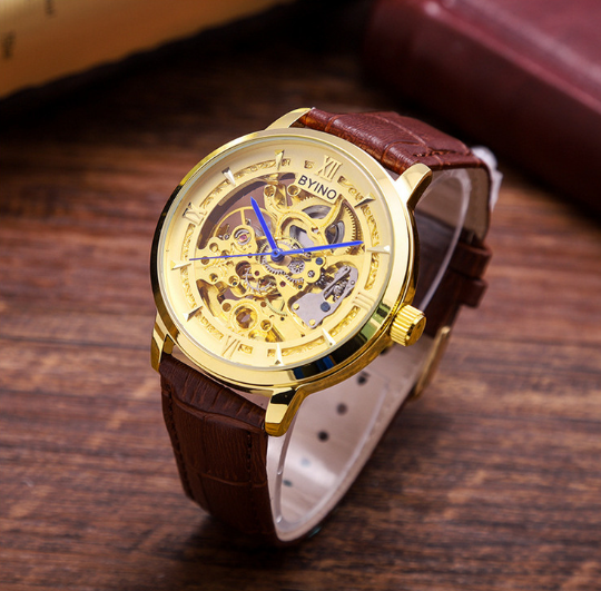 Men's Gold Waterproof Hollow Automatic Leather Watch