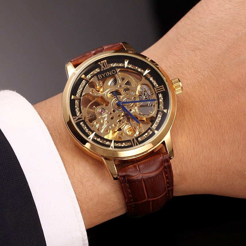 Men's Gold Waterproof Hollow Automatic Leather Watch
