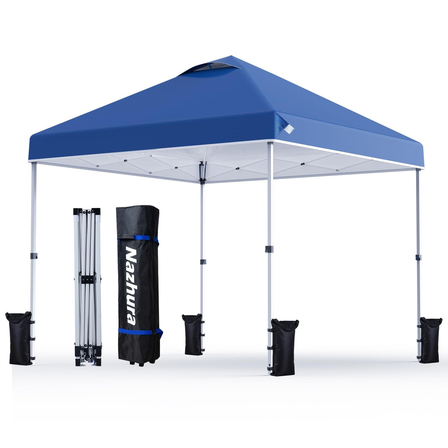 Nazhura 10 x 10 Pop Up Canopy Tent with Sand Weight Bag Freestanding Sun Shelter for Picnic and Camping One Person Setup and Height Adjustable (Blue)