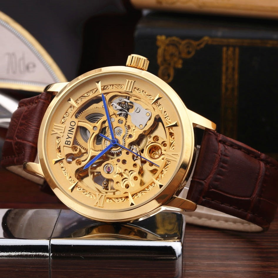 Men's Gold Waterproof Hollow Automatic Leather Watch