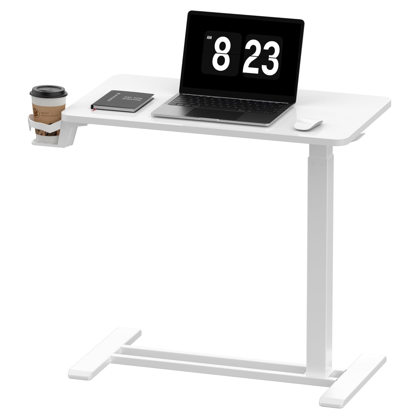 FLEXISPOT Adjustable Overbed Bedside Table with Wheels Pneumatic Mobile Standing Desk Laptop Desk Rolling Computer Cart Movable Overbed Table Hospital Home Use(27.6" W x 15.7" D White)