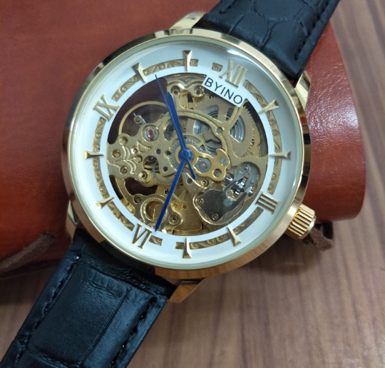 Men's Gold Waterproof Hollow Automatic Leather Watch