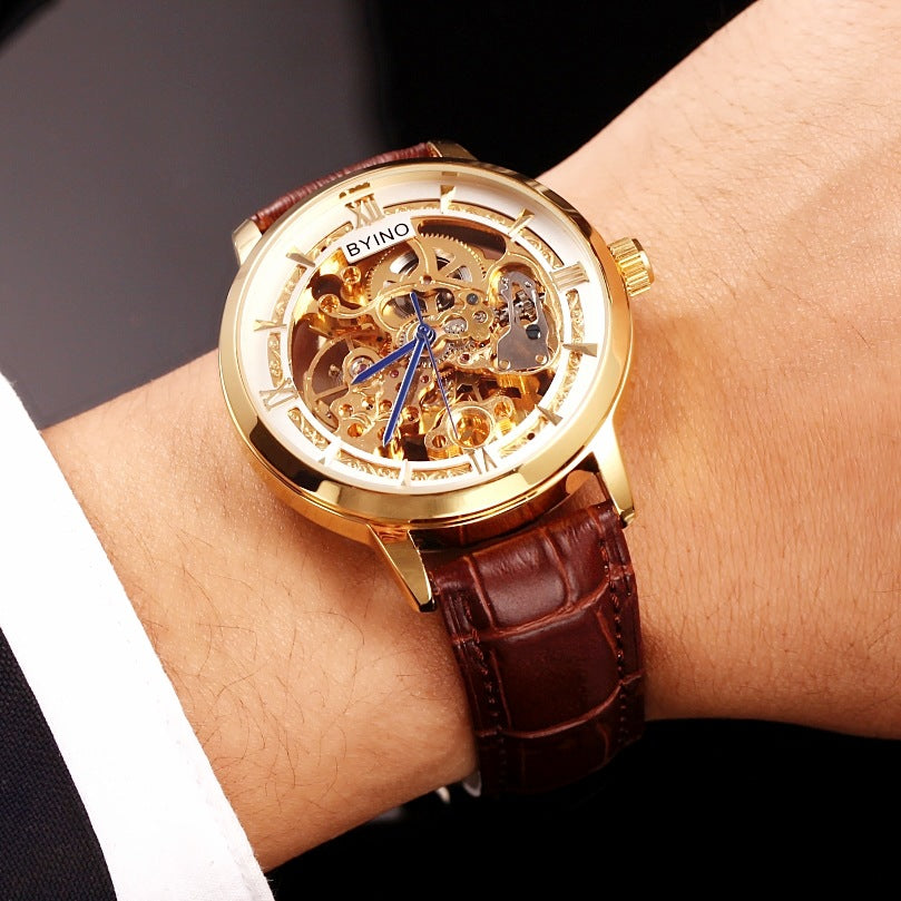 Men's Gold Waterproof Hollow Automatic Leather Watch