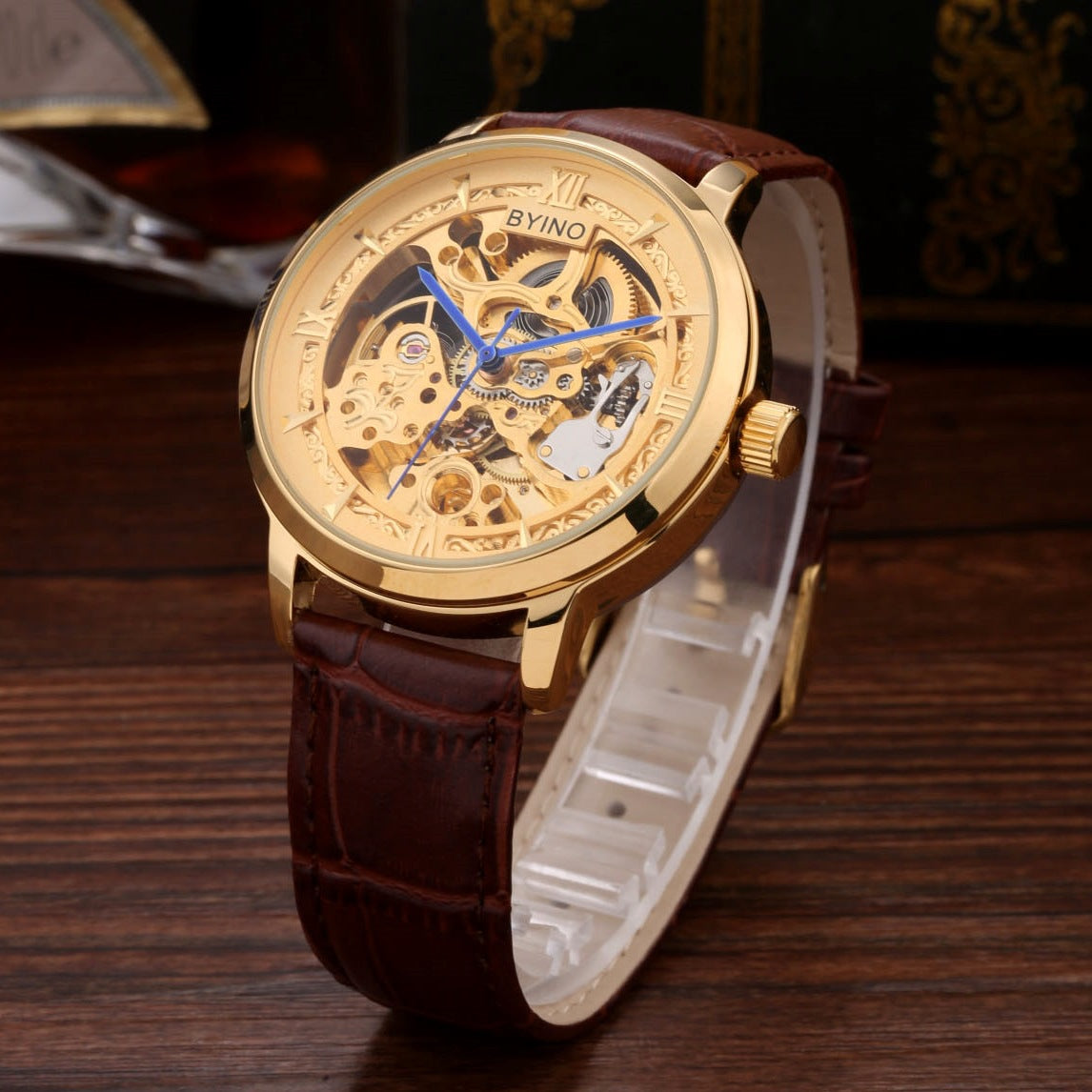 Men's Gold Waterproof Hollow Automatic Leather Watch