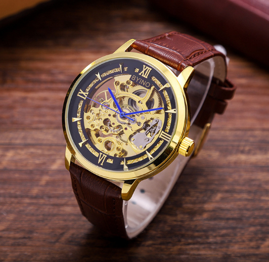 Men's Gold Waterproof Hollow Automatic Leather Watch