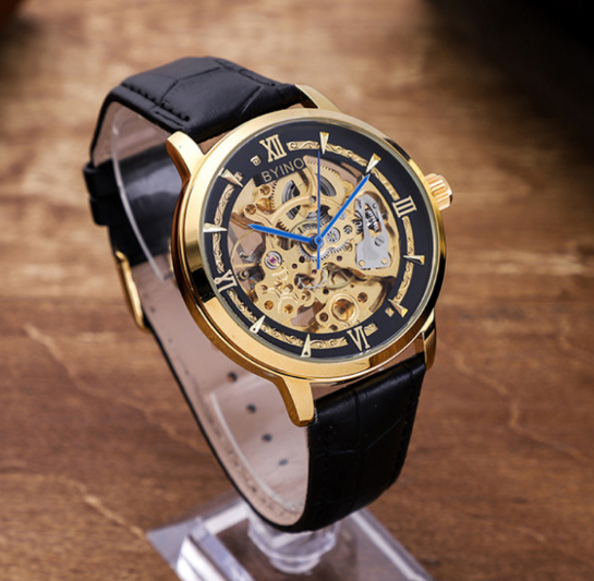 Men's Gold Waterproof Hollow Automatic Leather Watch