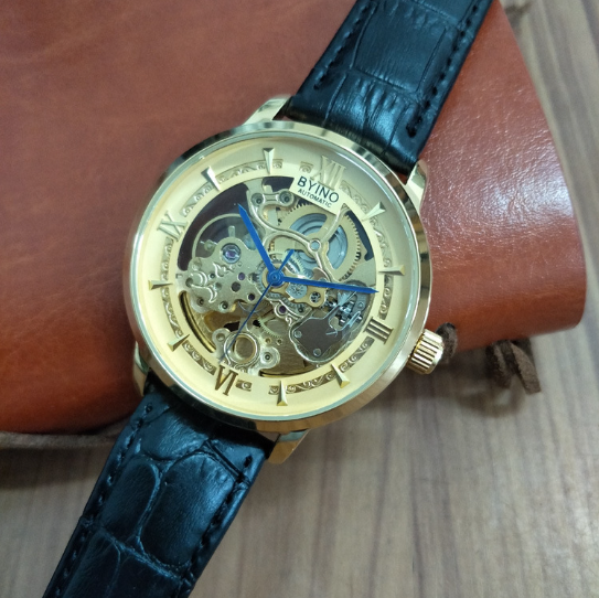 Men's Gold Waterproof Hollow Automatic Leather Watch